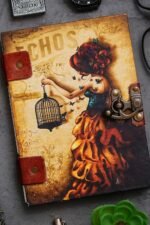 Handmade "Echoes" Vintage Cardboard Journal with Birdcage Lady Design – 7x5 Inch 117 GSM Blank Paper, 144 Pages, Matte Lamination.